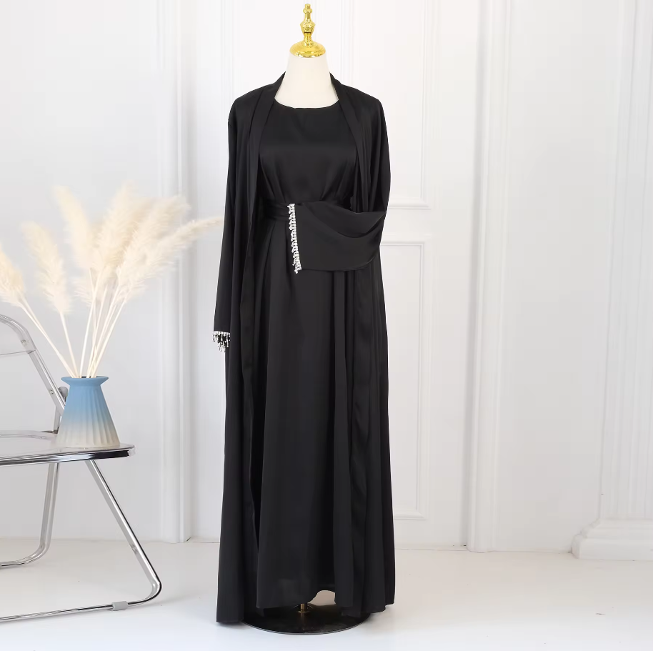 Rhinestone Detail Two Piece Satin Abaya